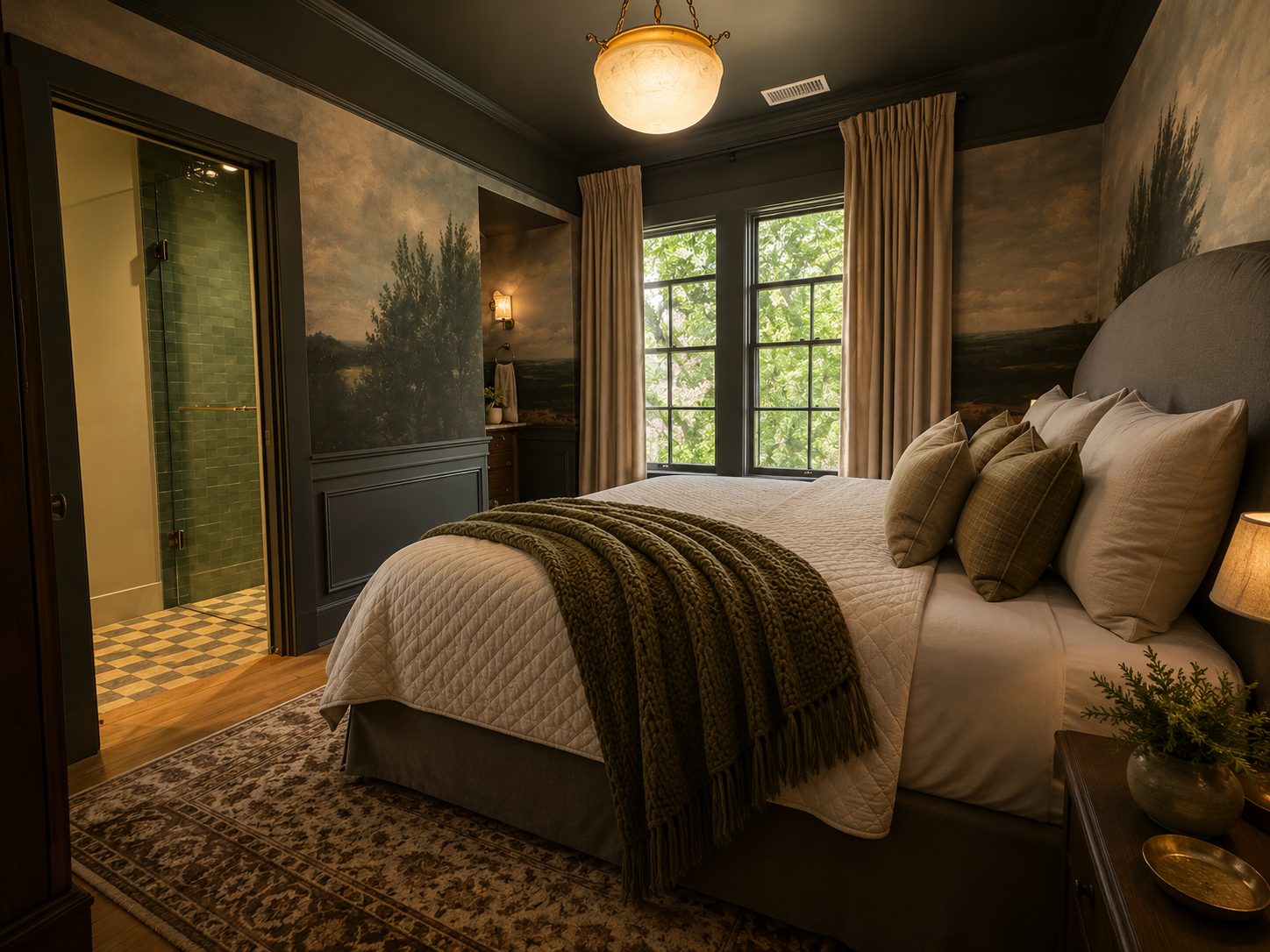 The king bed and pastoral murals in the Mary Simpson Room